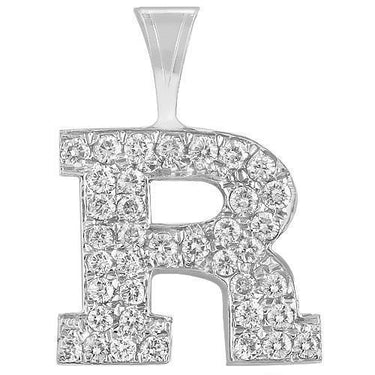 White 14K Solid White Gold Diamond Letter Initial R Pendant 1.10 Ctw